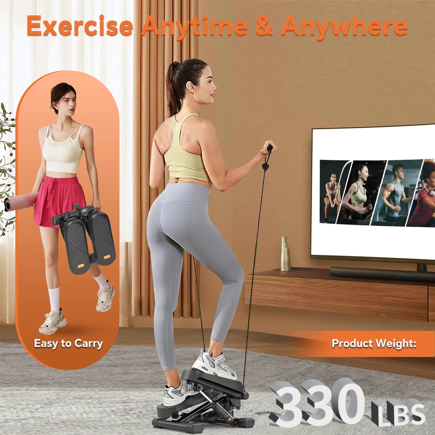 Compact Power Stepper – 330LBS Home Workout Machine with Resistance Bands & LCD Tracker for Cardio, Toning & Office Fitness